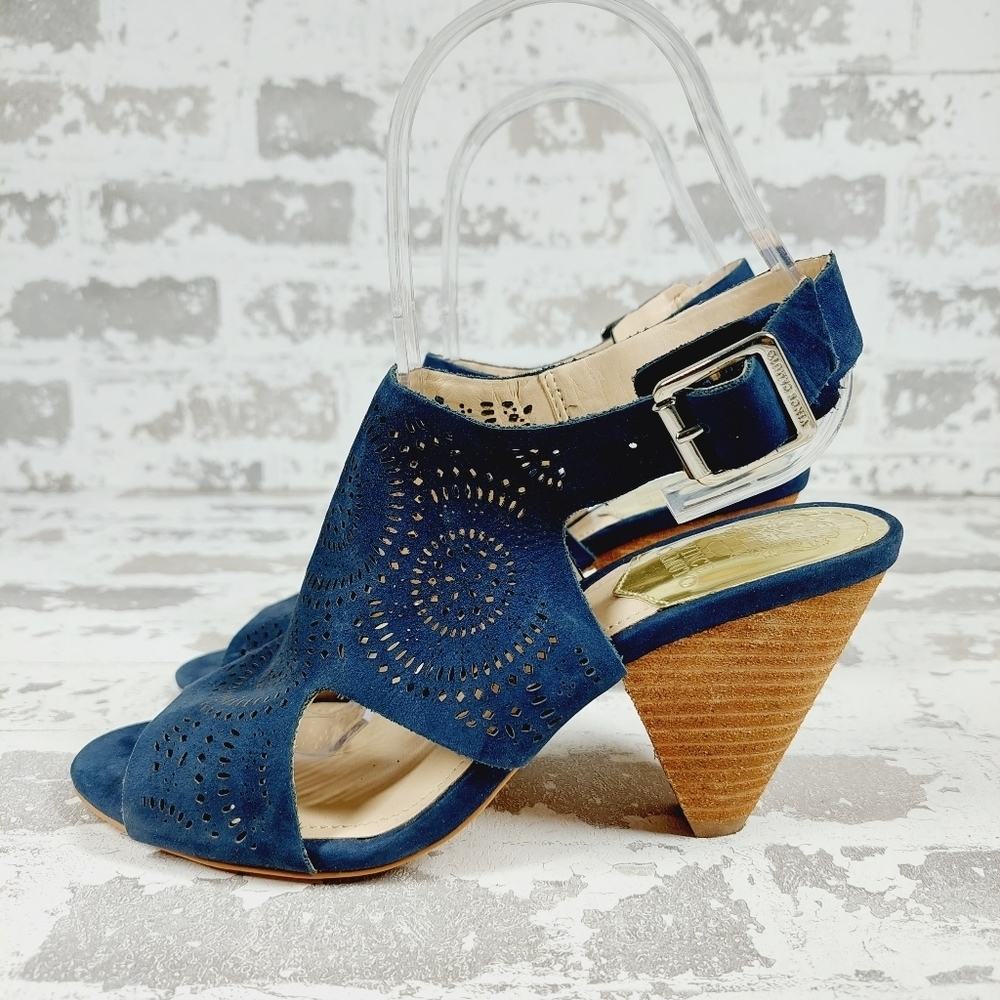 Vince Camuto Ellez Blue Leather Lasercut Buckle Slingback Heeled Sandals O169